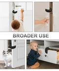 Eight Piece Foam Door Stopper And Pinch Guard Set For Kidproof And Pet Safety Easy Install Baby Proofing Door Protectors Stops Slamming And Finger Injuries Keeps Doors From Pinching Little Fingers Durable Home Use installed on different doors and in use by a baby and a cat.