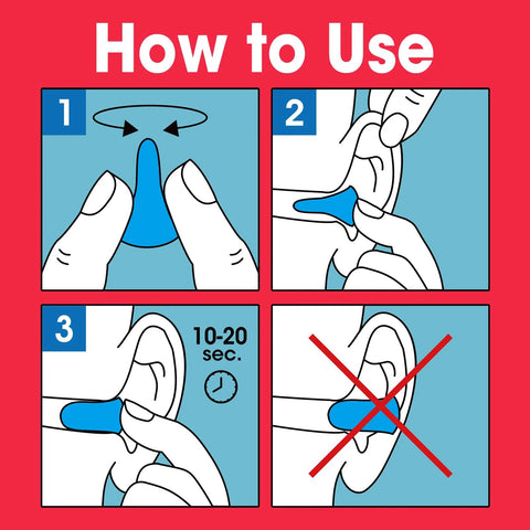 Illustrated guide on how to use 100 Pairs Foam Ear Plugs Bulk NRR 32dB Lake Blue Soft Comfortable Disposable Noise Reduction