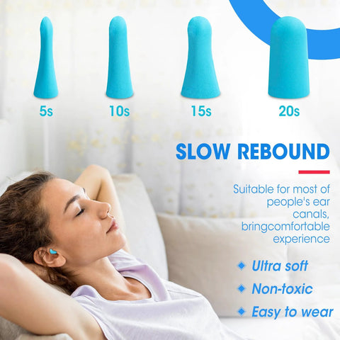 Woman lying on couch wearing lake blue ear plugs, foam ear plugs in slow rebound stages, 100 Pairs Foam Ear Plugs Bulk NRR 32dB Lake Blue Soft Comfortable Disposable Noise Reduction For Sleep, Travel, Concerts, Shooting, Swimming And Loud Environments Ideal Hearing Protection.