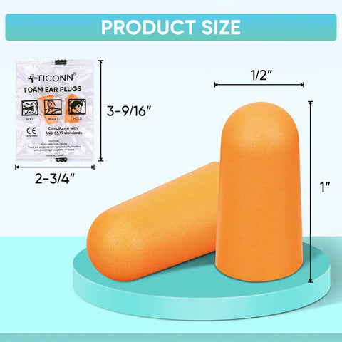 200 Pairs Foam Ear Plugs With 32dB Noise Reduction for Sleeping and Travel; size dimensions shown with packaging.