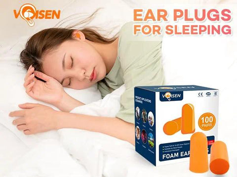 Woman sleeping with Soft Foam Sleep Ear Plugs 100 Pairs With 32dB NRR And 37dB SNR for snoring reduction next to packaging.