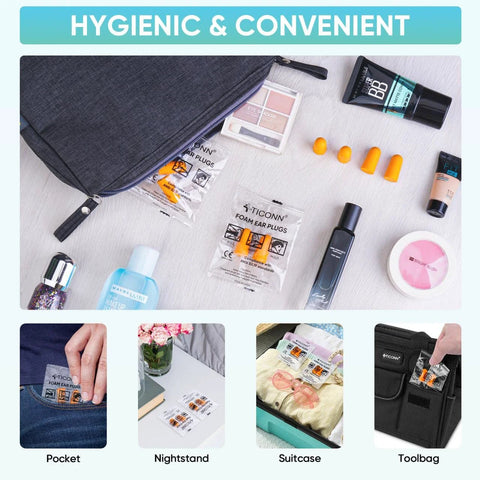 200 Pairs Foam Ear Plugs With 32dB Noise Reduction shown with travel toiletries and packaging, highlighted for versatile use in pocket, suitcase, and more.