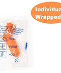 Individually wrapped foam earplug in packaging, labeled with instructions, part of Foam Earplugs 200 Pair Pack For Noise Reduction 32 dB NRR