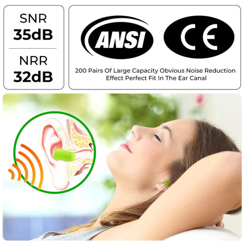 Woman using 200 Pairs Foam Earplugs For Noise Reduction 32dB Disposable Ear Plugs Hearing Protection Bulk Pack For Shooting Range Work Travel And Concert Green Color Each Pair Individually Wrapped For Cleanliness