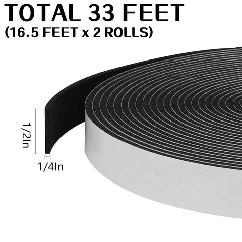 Foam Insulation Tape Self Adhesive 1/2In x 1/4In x 33Ft Weather Stripping roll with dimensions, ideal for doors and windows.