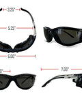 Foam Lined Debris Blocking Safety Glasses With Anti Fog UV Protection ANSI Z87.1 showing various angles and measurements.