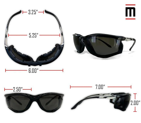 Foam Lined Debris Blocking Safety Glasses With Anti Fog UV Protection ANSI Z87.1 showing various angles and measurements.