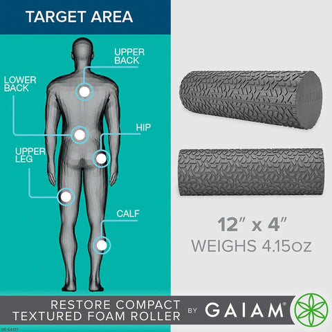 Compact Textured Foam Roller For Muscle Recovery And Massage, 12 Inch Length, 4 Inch Diameter, targets upper back and legs