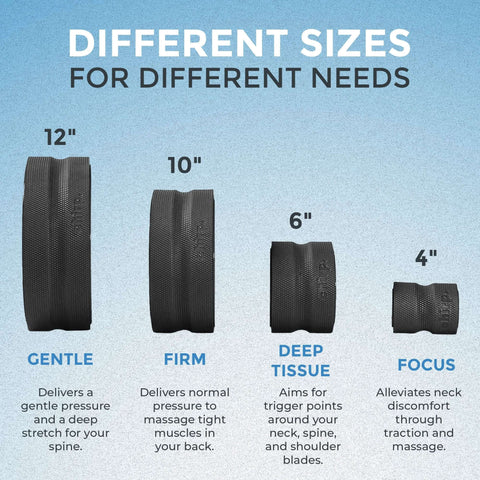 Four density foam rollers with built-in spine channel in sizes 12, 10, 6, and 4 inches for targeted back and neck relief.