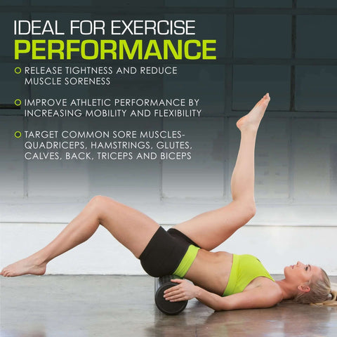 Woman using High Density Foam Roller 12 Inch Long Firm Full Body Massage Tool for back stretching and muscle recovery.