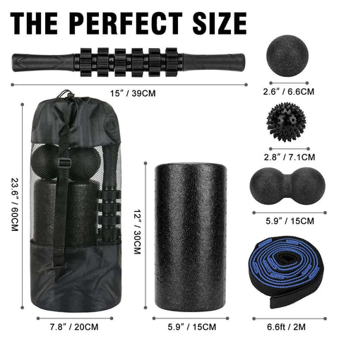 Foam Roller Set For Full Body Recovery And Mobility High Density 12 Inch Roller, 15 Inch Massage Stick, Ball Set, Carry Bag