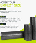 High Density Foam Roller 12 Inch Long Firm Full Body Massage Tool For Back Stretching Yoga Pilates Post Workout Muscle Recovery Black, displayed in three sizes for flexibility and portability.