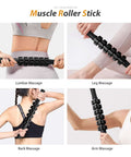 Demonstration of using 5 In 1 Deep Tissue Massage Set With Foam Roller, Trigger Point Roller Stick, Massage Ball, Resistance Band And Yoga Stretch Band for back, leg, lumbar, and arm massage