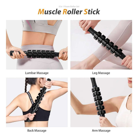 Demonstration of using 5 In 1 Deep Tissue Massage Set With Foam Roller, Trigger Point Roller Stick, Massage Ball, Resistance Band And Yoga Stretch Band for back, leg, lumbar, and arm massage
