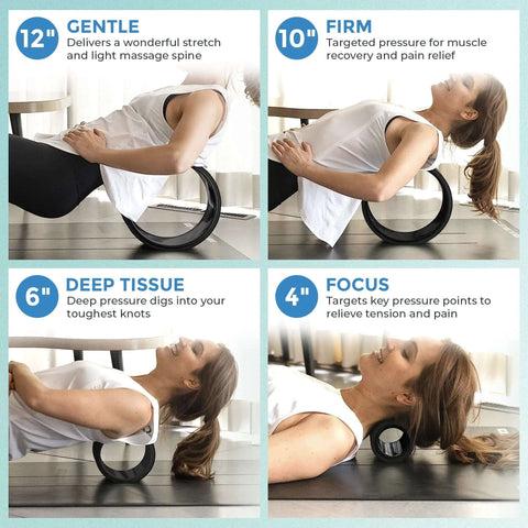 Woman using Density Foam Roller With Built In Spine Channel For Targeted Back And Neck Relief, 4 Pack in various sizes