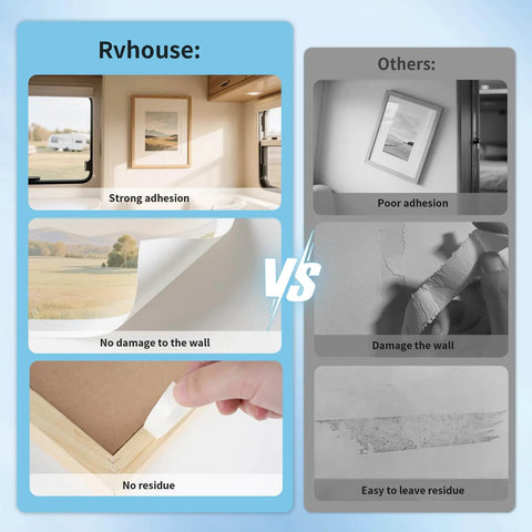 Comparison of 3M 1600T Double Sided Foam Tape in RV use vs others, showing adhesive strength, wall safety, and residue-free removal.