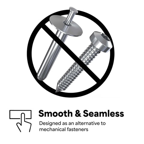 Image showing a bolt and screw crossed out, promoting Sticks Like Crazy High Temp Dark Gray Double Sided Foam Tape 4611 for seamless bonding.