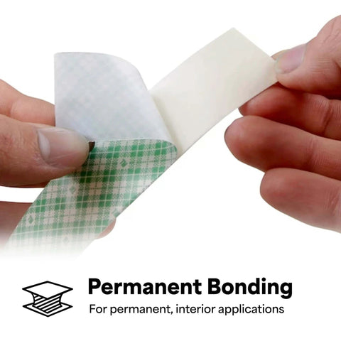 Close-up of hands holding 4032 Double Sided Urethane Foam Tape With Acrylic Adhesive For Bonding, Attaching And Mounting White 0.5 In By 5 Yd Roll High Shear Strength Gap Filling On Textured Surfaces Sticks On Fast