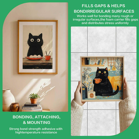 Framed cat artwork mounted using Double Sided Foam Tape Pads With 48 Pre Cut Rectangles, 2mm Thick White Polyurethane Foam With High Tack Adhesive.