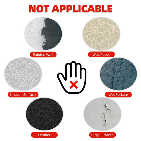 Visual showing surfaces not suitable for Heavy Duty Double Sided Foam Tape 0.39 Inch Wide By 9.85 Feet Long Removable Mounting Tape