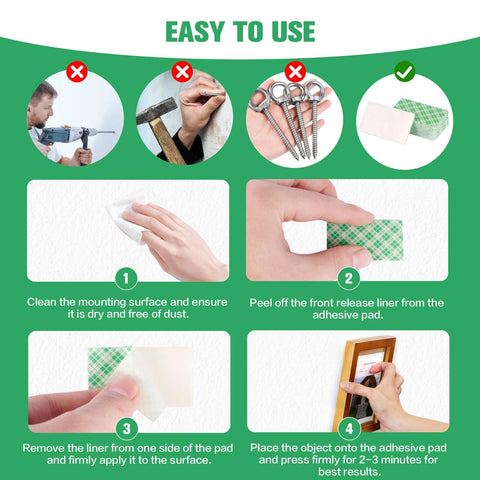 Instructional image showing steps to use double sided foam tape pads, including cleaning, peeling liner, and pressing to mount.