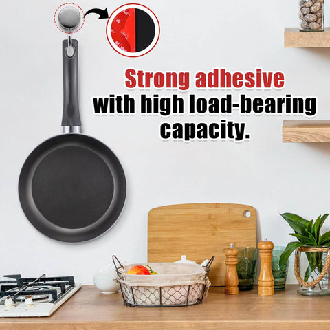 Navona 16Pack Heavy Duty Double Sided Mounting Tape – VHB 5952 Foam Tape demonstrating strong adhesion by holding a frying pan on wall.