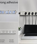 Heavy Duty No Fuss Double Sided Foam Tape Kit mounting power strip on wall above laptop, showing adhesive strength