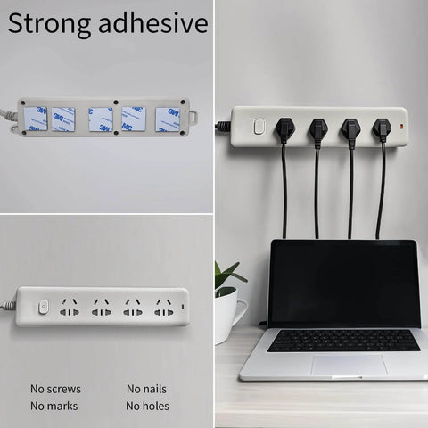 Heavy Duty No Fuss Double Sided Foam Tape Kit mounting power strip on wall above laptop, showing adhesive strength
