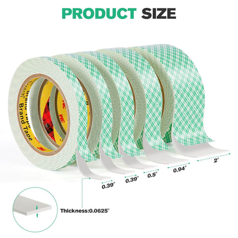 Selection of double-sided foam tape rolls in various widths, including the 0.39 inch by 10 feet white 4026 heavy duty mounting tape.
