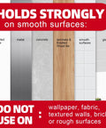 Chart showing surfaces compatible with Heavy Duty Removable Double Sided Foam Tape, including painted walls, metal, and glass.