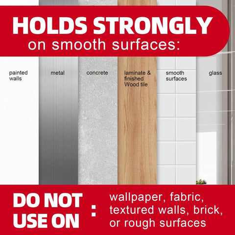 Chart showing surfaces compatible with Heavy Duty Removable Double Sided Foam Tape, including painted walls, metal, and glass.