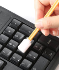 Foam Tip Cleaning Swab Kit With 5 Precision Tips 100 Pack used on keyboard for detail cleaning, focus on open cell foam tip on polystyrene shaft