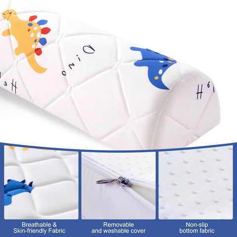 2 Pack Premium Foam Toddler Bed Bumpers With Non Slip Rails For Twin Queen And King Beds Cozy Odor Free Comfort Machine Washable Covers Easy Care 52 By 7 By 5 Inches Safe Sleep Aid For Peaceful Nights. Bumper with dinosaur print, removable washable cover, and non-slip bottom.