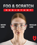 Woman wearing non-vented safety lab goggles with anti-fog coating, demonstrating lens comparison "fog & scratch resistant" features.
