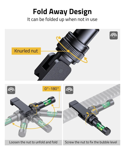 Foldable scope leveling kit with fold-away bubble level for easy deployment and alignment on Picatinny rails.