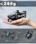 2K HD FPV Drone With Adjustable Angle Camera Real Time Wi Fi FPV Transmission Altitude Hold One Key Takeoff Landing Three Speed Modes Headless Mode Foldable Portable Design Includes Two Batteries Ideal Gift For Beginners Teens displayed on hand, compact size, under 249g, foldable for portability.