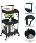 Foldable 3 Tier Metal Utility Rolling Cart With Locking Folding Design For Easy Storage And Mobility The Workhorse Trolley Organizer For Home Office Library Black