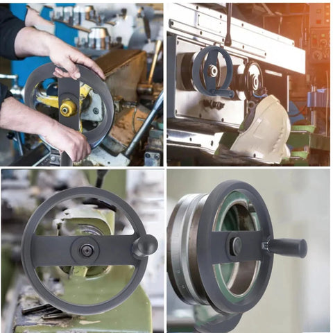 Foldable Aluminum Alloy And Bakelite Handwheel With Rotating Handle For Metal Lathe shown in various setups and usage angles