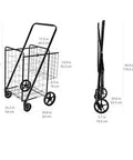 Foldable Collapsible Shopping Cart With 360 Degree Wheels To Haul Groceries And More, Extra Large Capacity, Dual Basket Design, Built Tough Metal Frame, Easy Assembly, Black shown in front and side views.