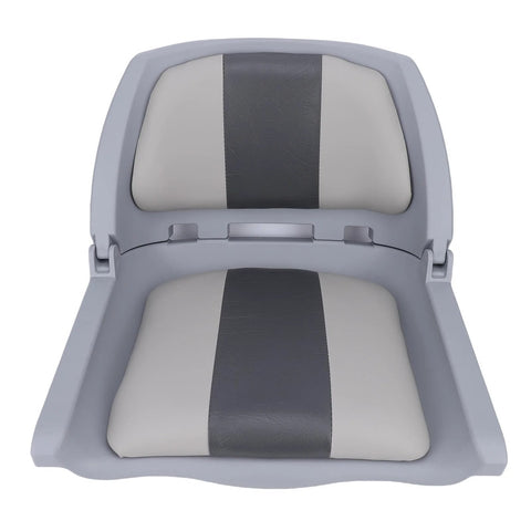 UPALDHOU foldable boat seat with light gray frame and two-tone cream and dark gray PVC leather cushions