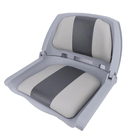 UPALDHOU foldable boat seat, front view, with beige and dark gray PVC leather cushions on a light gray PP frame