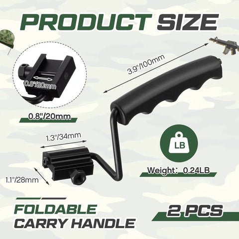 Two Pack Foldable Carry Handles With Non Slip Grip And Aluminum Base, 50 Lb Load Capacity visible with size dimensions, ideal for bags.