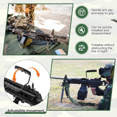Two Pack Foldable Carry Handles With Non Slip Grip And Aluminum Base on firearm, 50 lb load capacity, installed on 20mm rail.