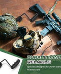 Two Pack Foldable Carry Handles With Non Slip Grip And Aluminum Base, 50 Lb Load Capacity shown attached to tactical gear and rifle rails.