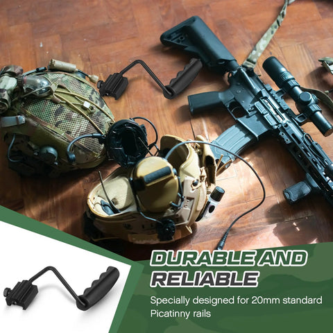 Two Pack Foldable Carry Handles With Non Slip Grip And Aluminum Base, 50 Lb Load Capacity shown attached to tactical gear and rifle rails.
