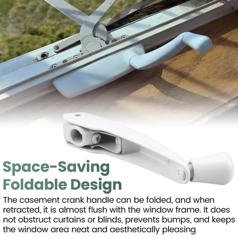 Foldable Window Crank Handle For 11/32 Inch Casement And Awning Operators, shown folded installed on window