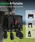 Collapsible Wagon With Tailgate For Camping And Outdoors, 320 Lb Load Capacity, folded compact with all terrain wheels.