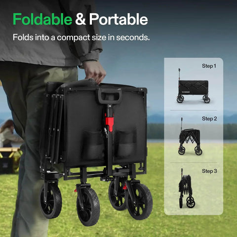 Collapsible Wagon With Tailgate For Camping And Outdoors, 320 Lb Load Capacity, folded compact with all terrain wheels.