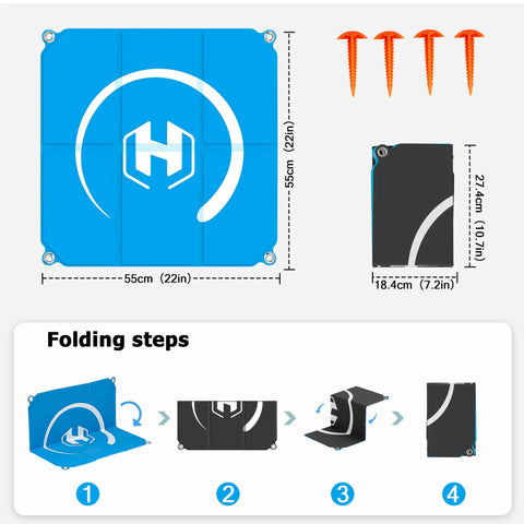 Diagram showing dimensions and folding steps for Foldable 22 Inch Drone Landing Pad With Fast Fold System 2x3 Double Sided Waterproof Launch Pad Weighted Helipad Blue Gray Durable Universal Pad For Mud Sand Snow Easy Rinse Clean Ready