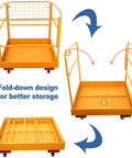 Image showing a fold-down Forklift Safety Cage 36x36 Inch Platform With 1200 Lb Capacity Four Wheel Aerial Lift Basket Rails for easy storage.
